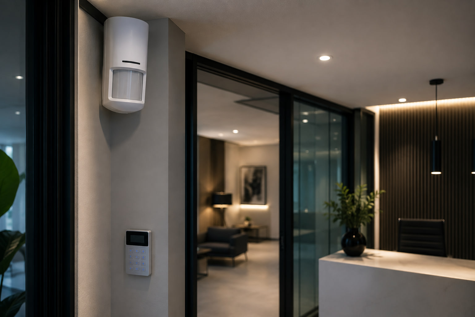 A movement detector mounted high on a reception wall, with an alarm keypad beside the door below it