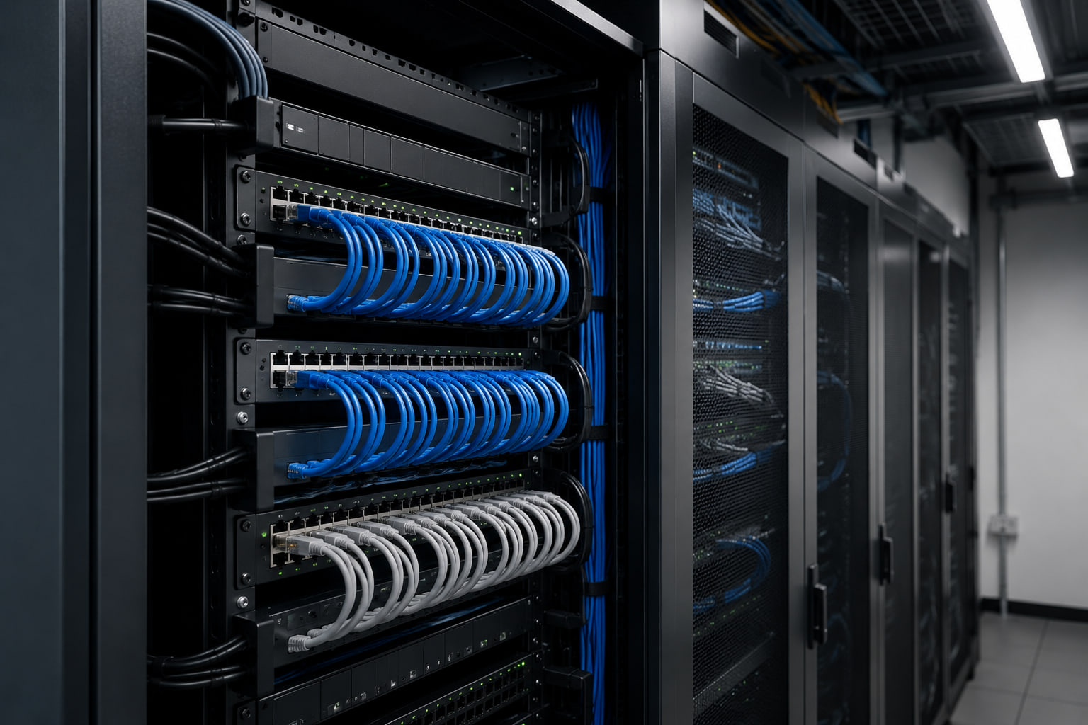 Blue and grey patch leads dressed between switches in a comms room cabinet