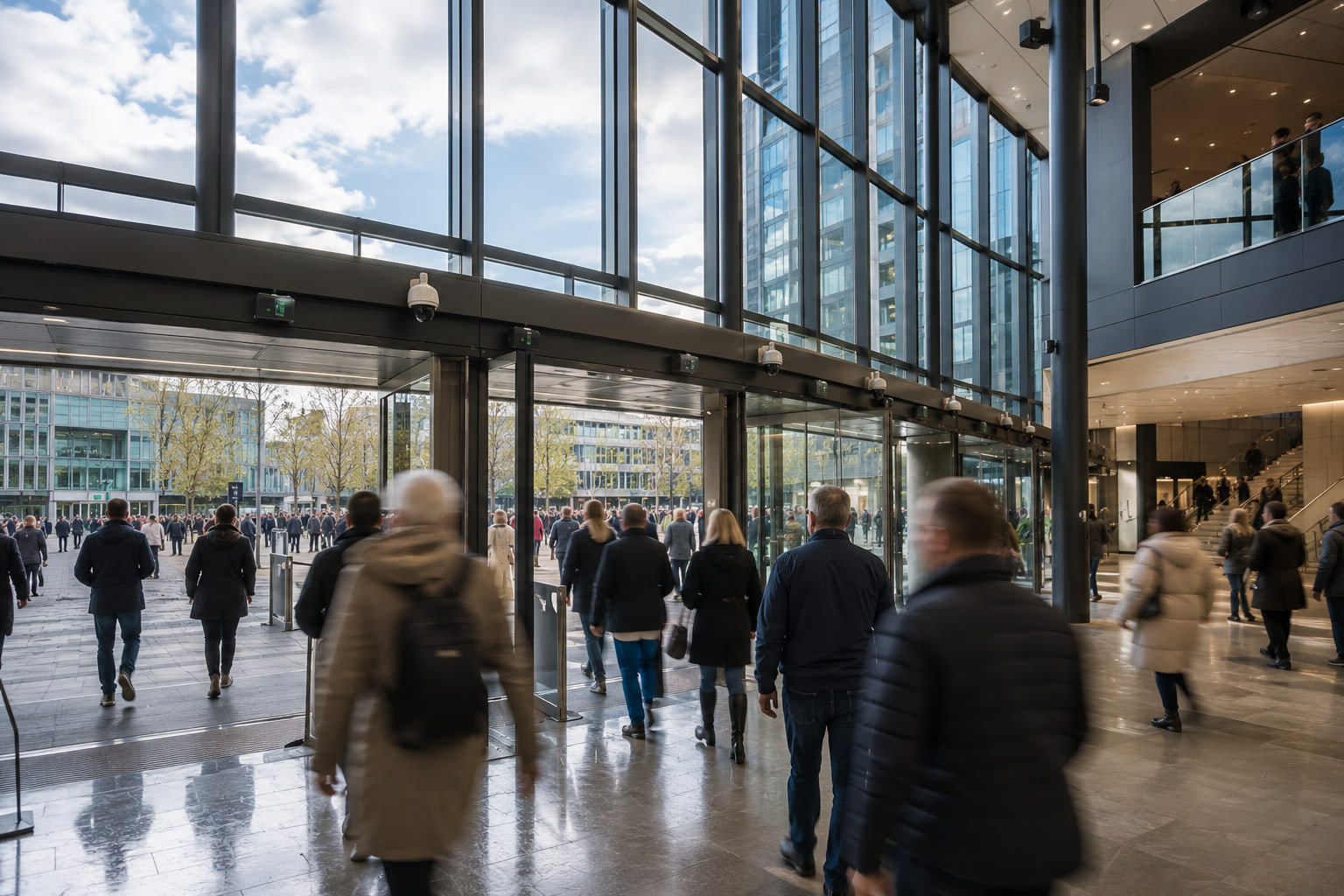 Members of the public moving through the glazed entrance concourse of a large public building